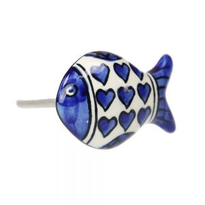 Πόμολο κεραμικό Ψάρι 5x3,5εκ.- Μπλε καρδιές