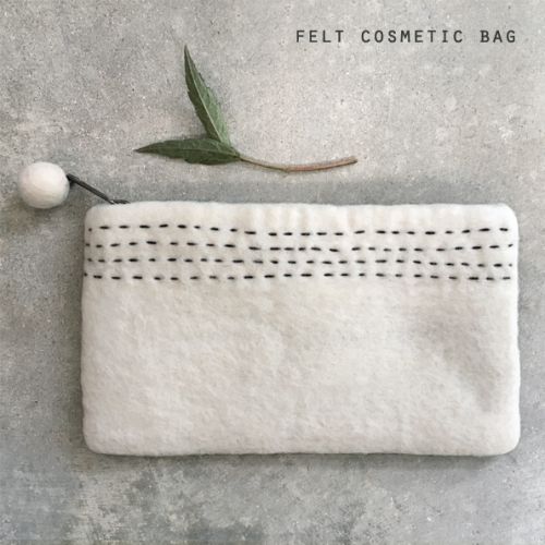 Felt sashiko cosmetic bag-White
