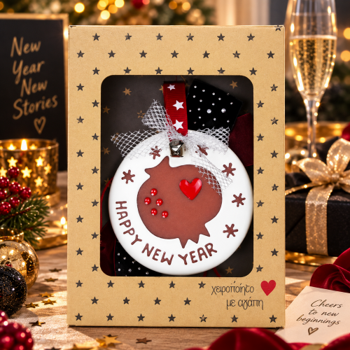 Γούρι κεραμικό ρόδι Happy New Year - Μαύρο
