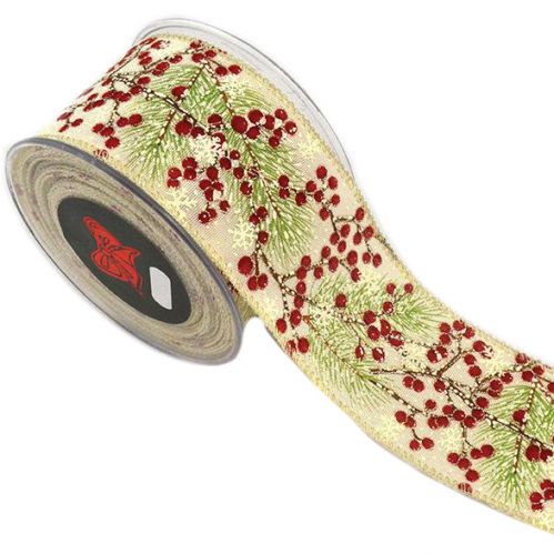 Κορδέλα 9μ. MISTLETOE FOREST 6.7εκ. - Κόκκινη-Ιβουάρ