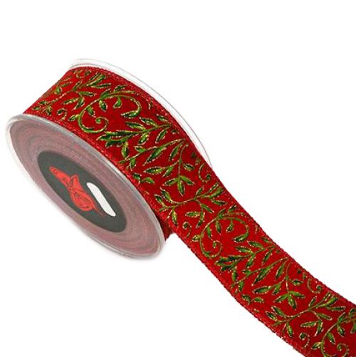 Κορδέλα 9μ. VELLUTO CON RAMI 4.3εκ. - Κόκκινη-Πράσινη