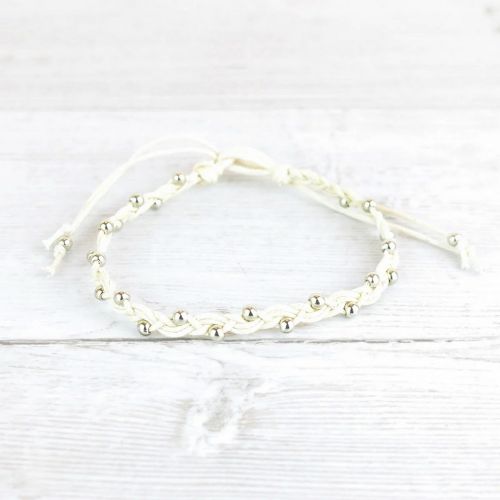 Βραχιόλι κορδόνι  διπλό λευκό  & χάντρες ασημί