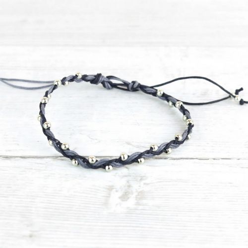 Βραχιόλι κορδόνι  διπλό μαύρο γκρι  & χάντρες ασημί