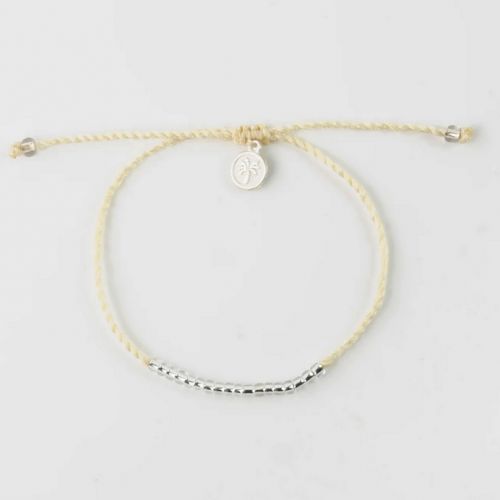 Βραχιόλι ποδιού κορδόνι κρεμ  με χάντρες  - ασημί