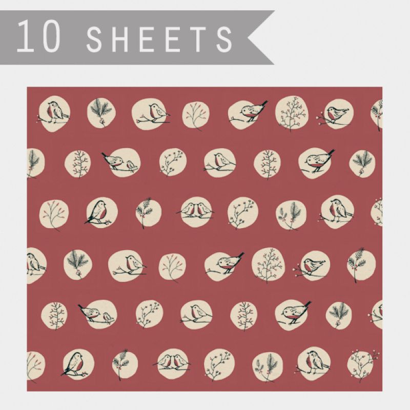 -Ten sheets of gift wrap-Red robins & rosehips