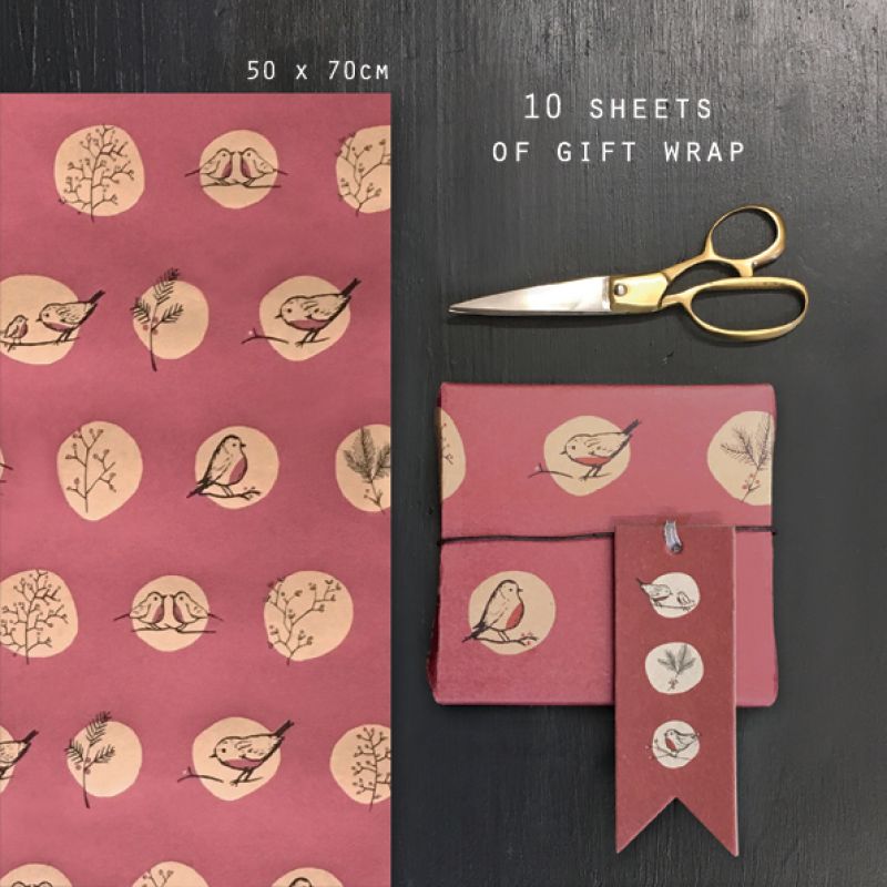 -Ten sheets of gift wrap-Red robins & rosehips