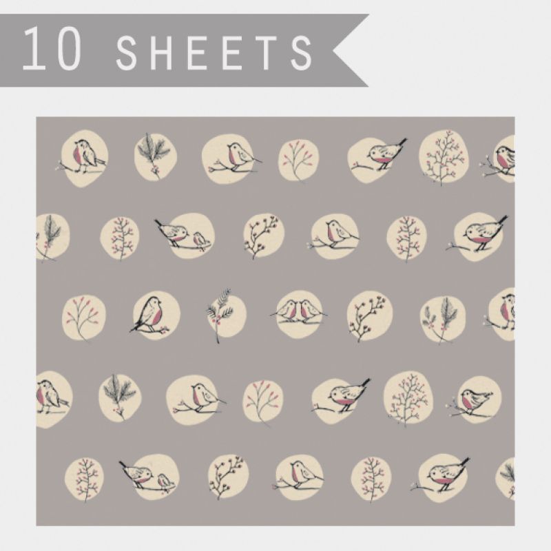 -Ten sheets of gift wrap-Grey robins & rosehips