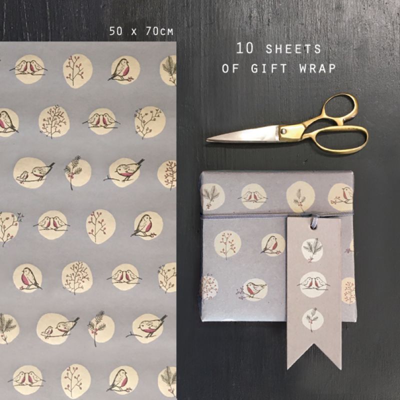 -Ten sheets of gift wrap-Grey robins & rosehips