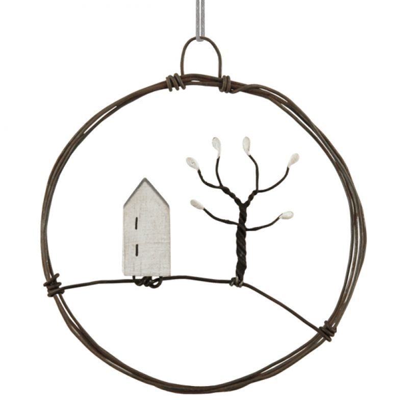 Sml hanging metal wreath-House & tree