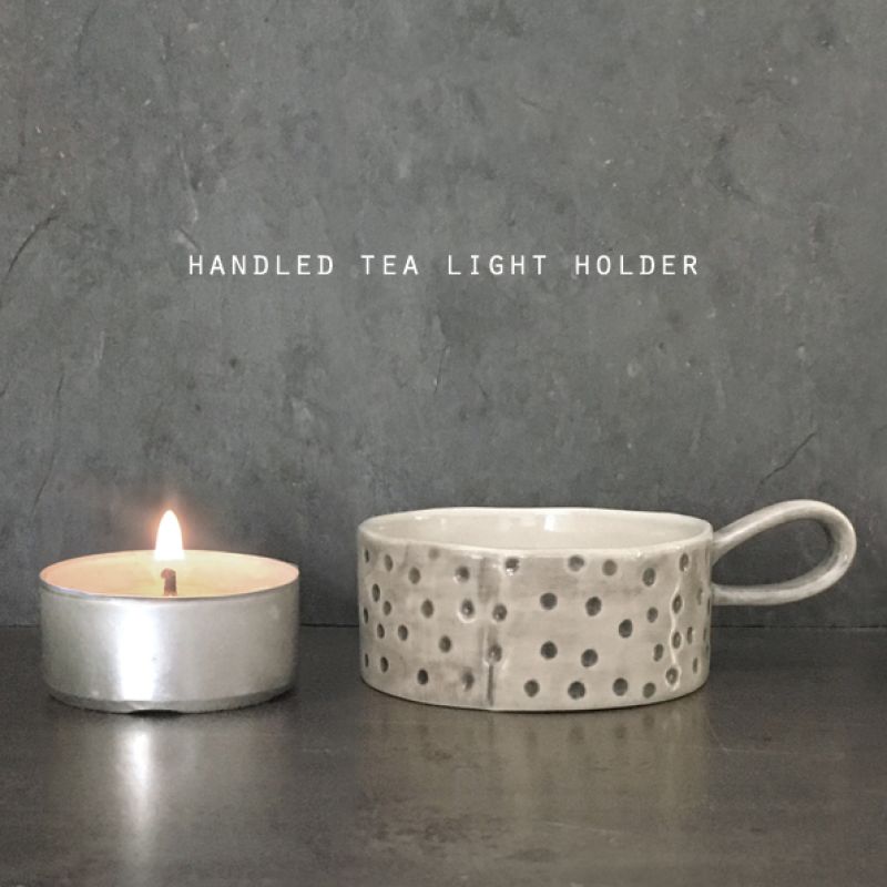 Handled tea light holder with tea light – Dimpled spots 5.5cm