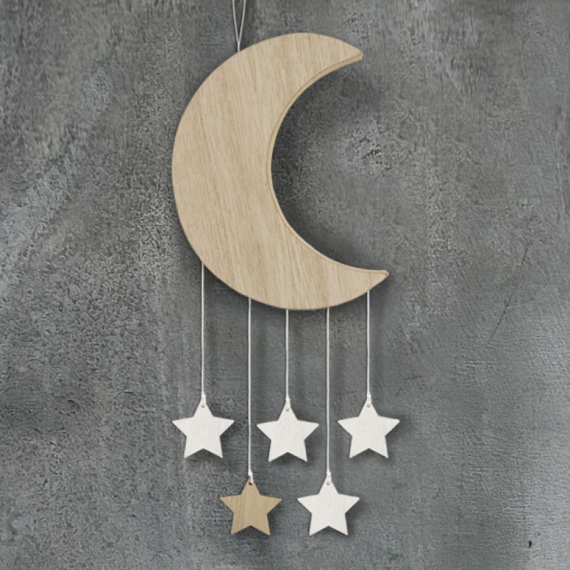Wooden moon with hanging stars 23cm