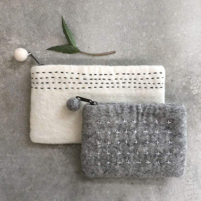 Felt sashiko cosmetic bag-White