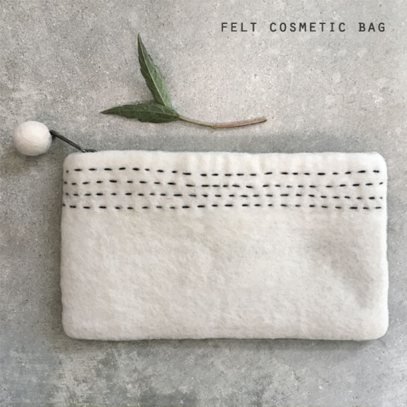 Felt sashiko cosmetic bag-White