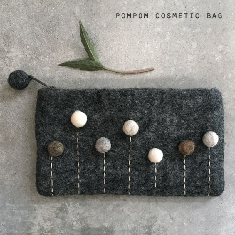 Felt pompom cosmetic bag-Charcoal