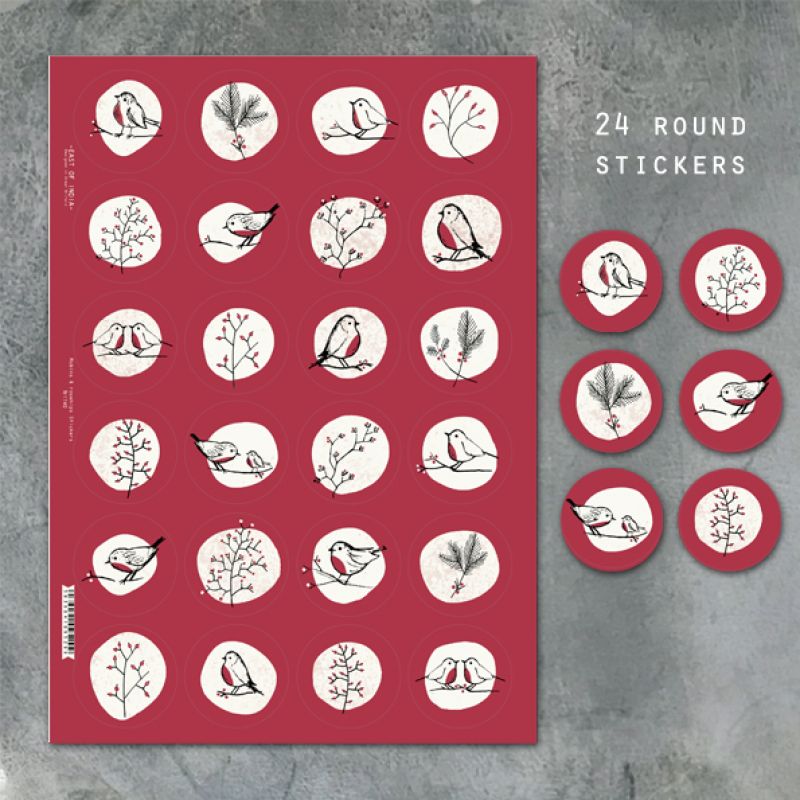 Sticker sheet  – Robins and rosehips (24 round stickers)