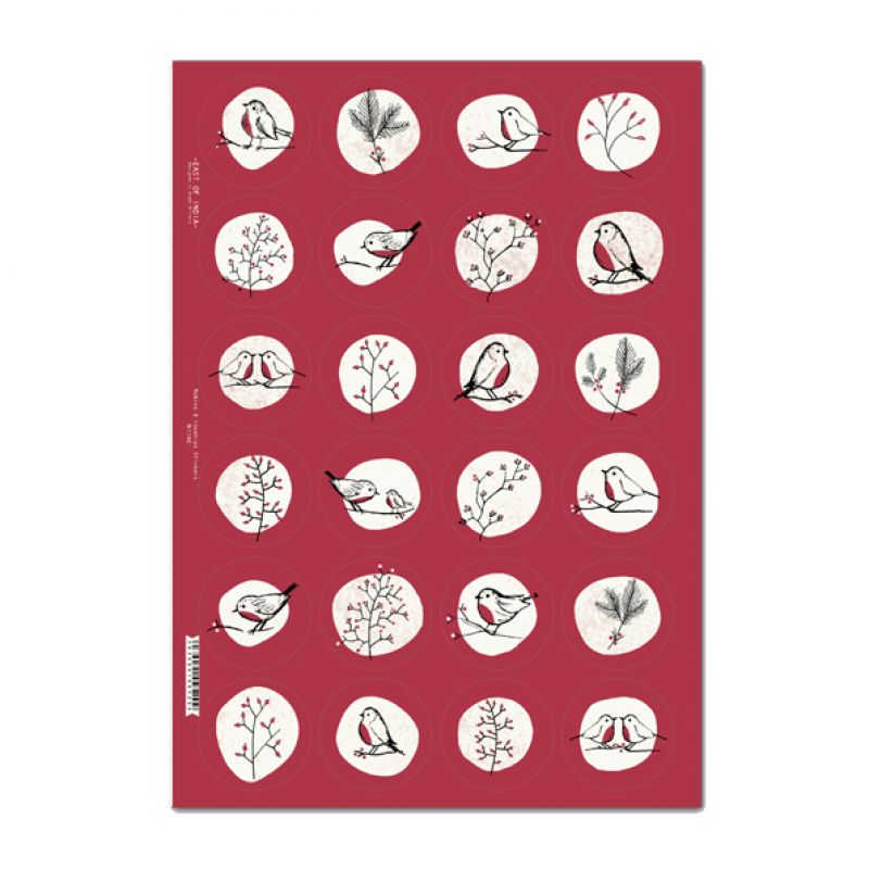 Sticker sheet  – Robins and rosehips (24 round stickers)