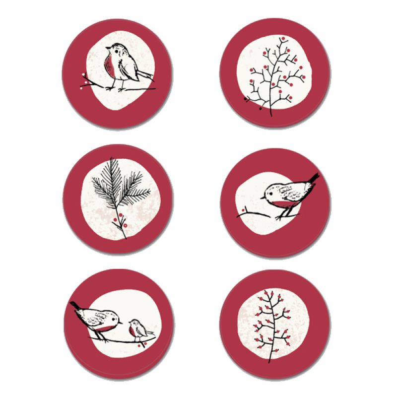 Sticker sheet  – Robins and rosehips (24 round stickers)