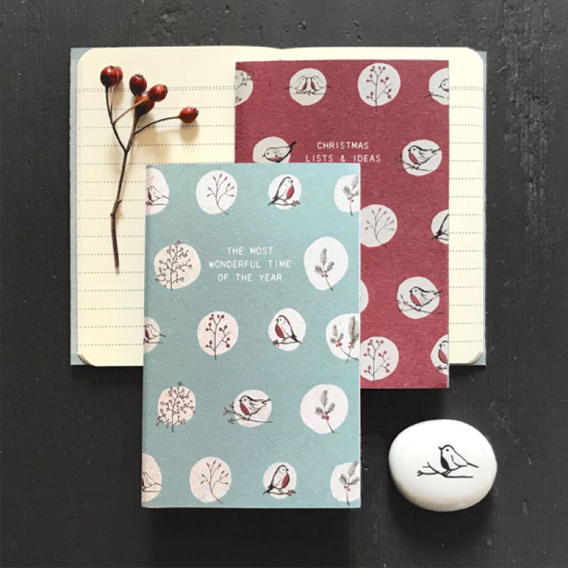 Small stitched  rosehips  & robins  note book  – The most wonderful time of the year (9 x 14cm)