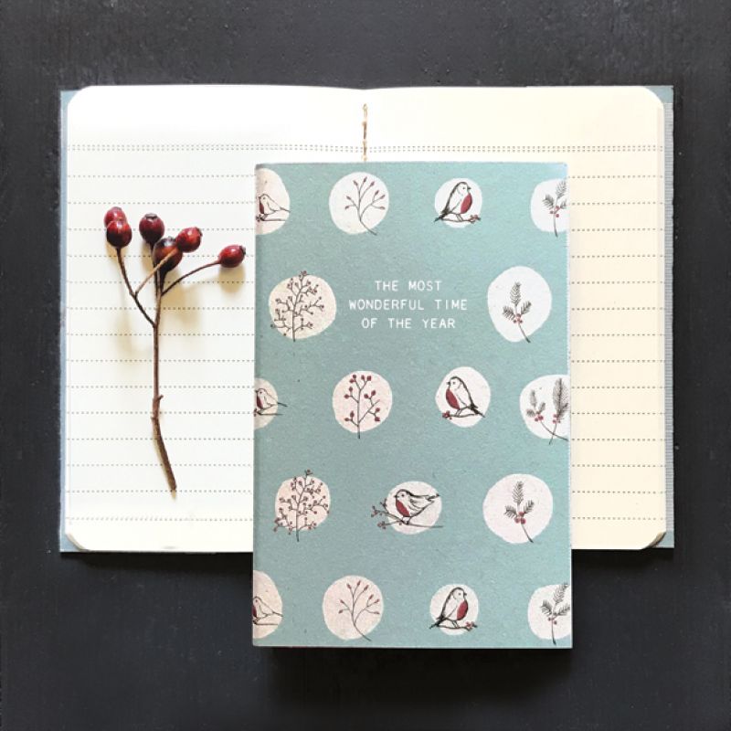 Small stitched  rosehips  & robins  note book  – The most wonderful time of the year (9 x 14cm)