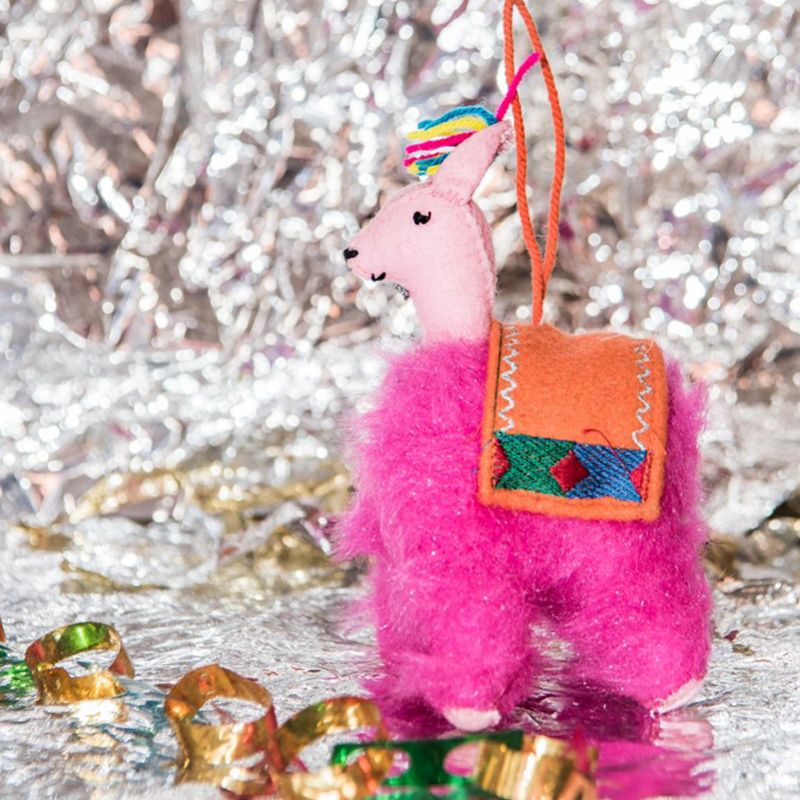 Pink furry llama hanging decoration H:13cm