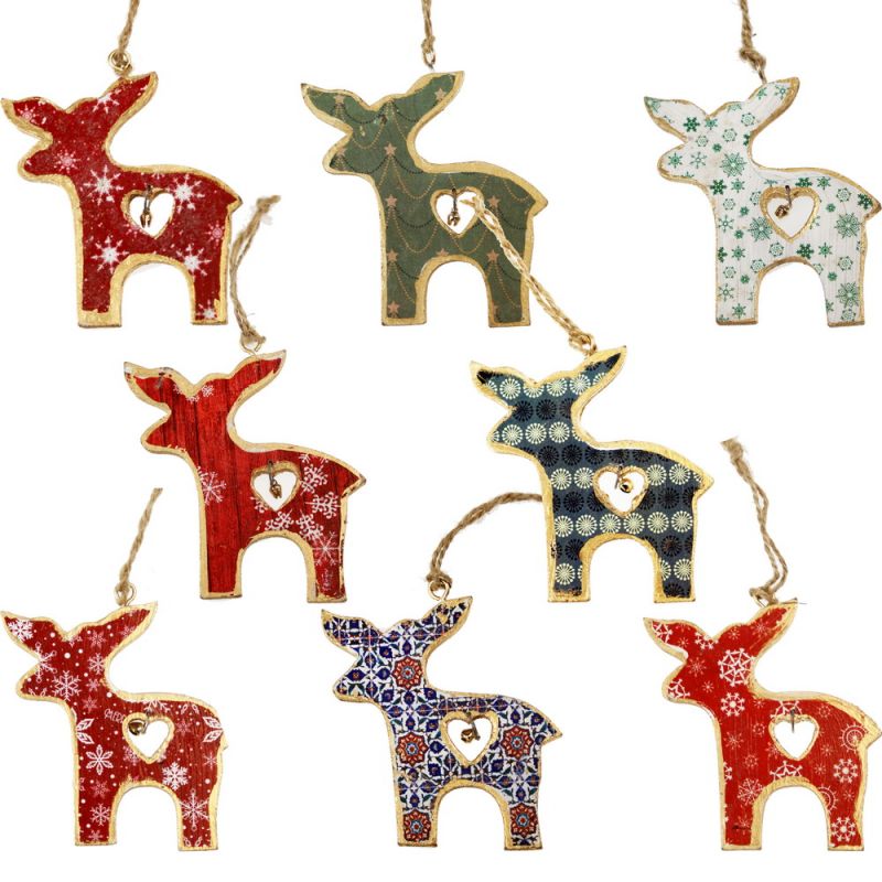 Hanging Printed Wooden Reindeer with Bell