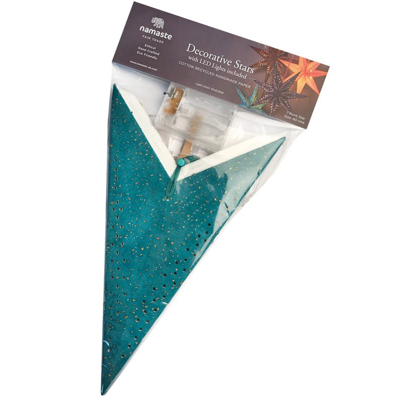 7-Arm Teal Velvet Star With Glitter and LEDs 60cm