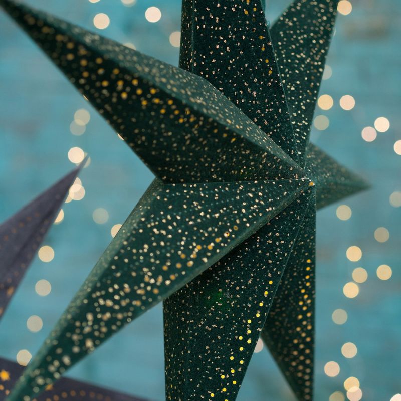 7-arm green velvet star,glitter & LED's, 60cm