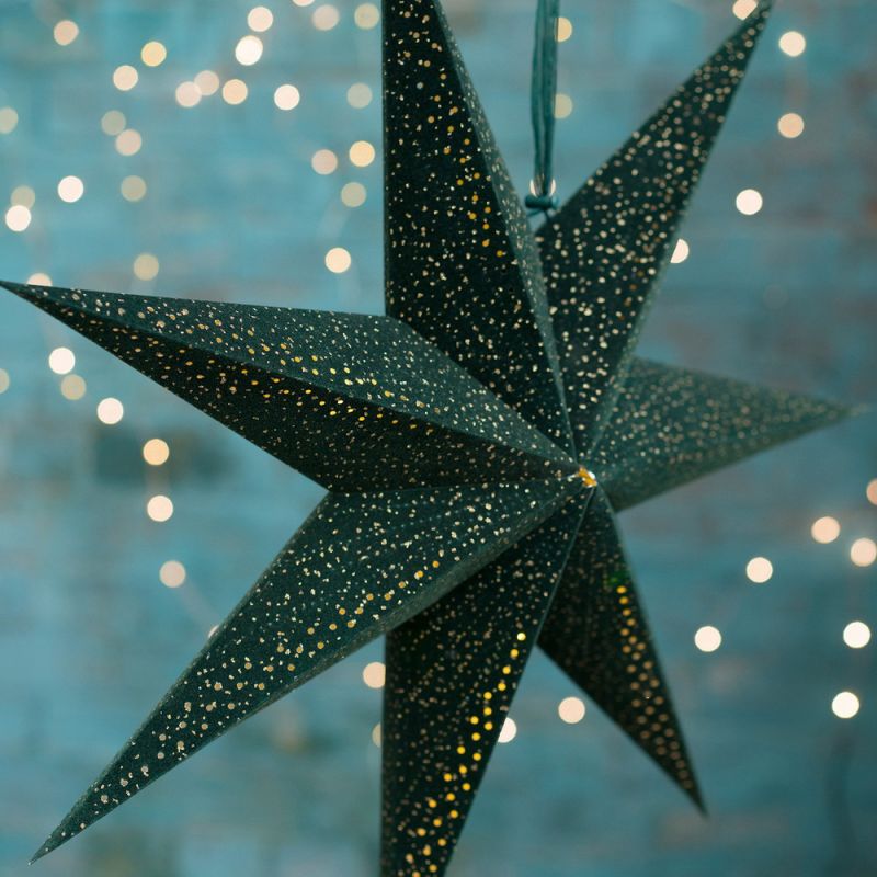 7-arm green velvet star,glitter & LED's, 60cm