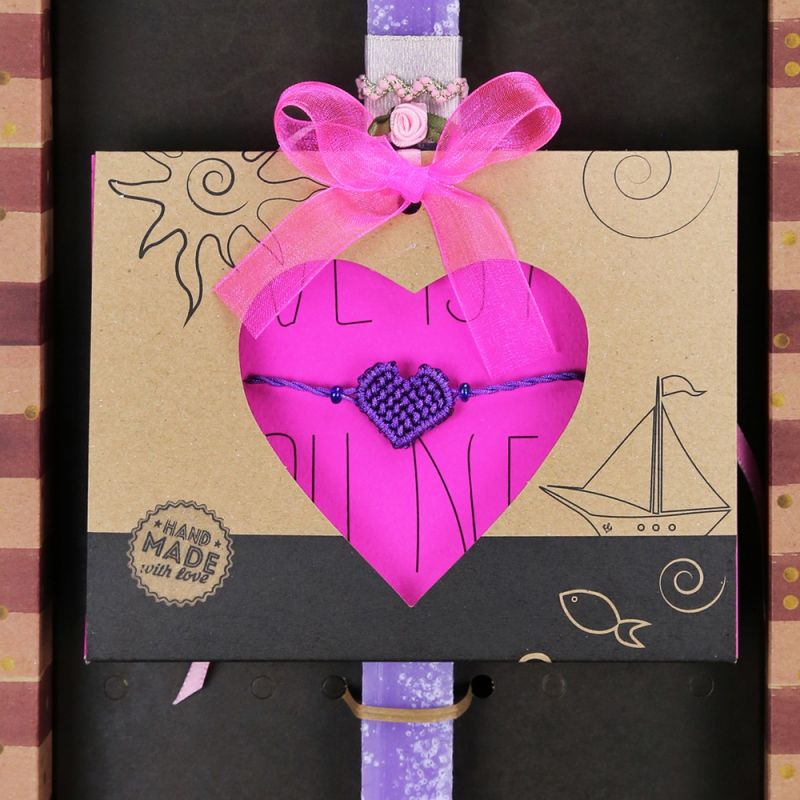 Λαμπάδα Bραχιόλι μακραμέ Καρδιά - Μωβ