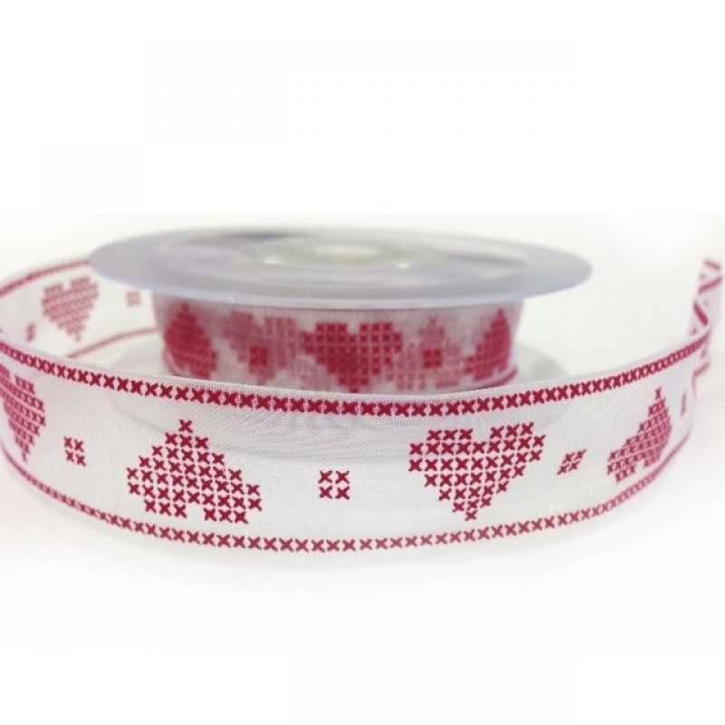 15 meter Red Cross-Stitch Heart  Ribbon 22mm