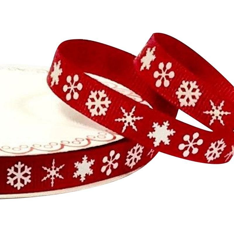 White Snowflake Print on 9mm Red Grosgrain Ribbon x 25mtr