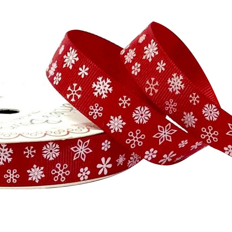 White Snowflake Print on 16mm Red Grosgrain Ribbon x 25mtr