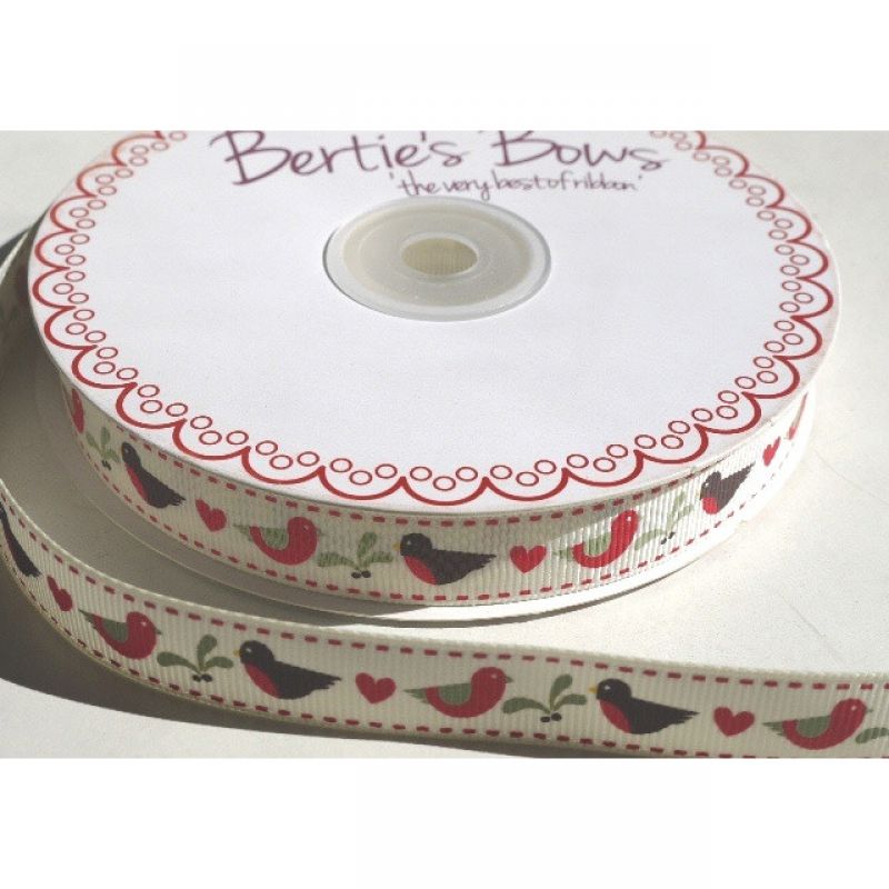 25 Meter Robin & Mistletoe 16mm Ivory ribbon