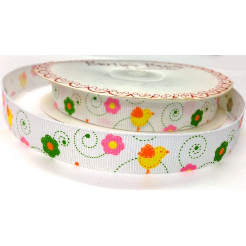 Κορδέλα 25μ.Πουλάκια Λουλούδια 16χιλ. Λευκή