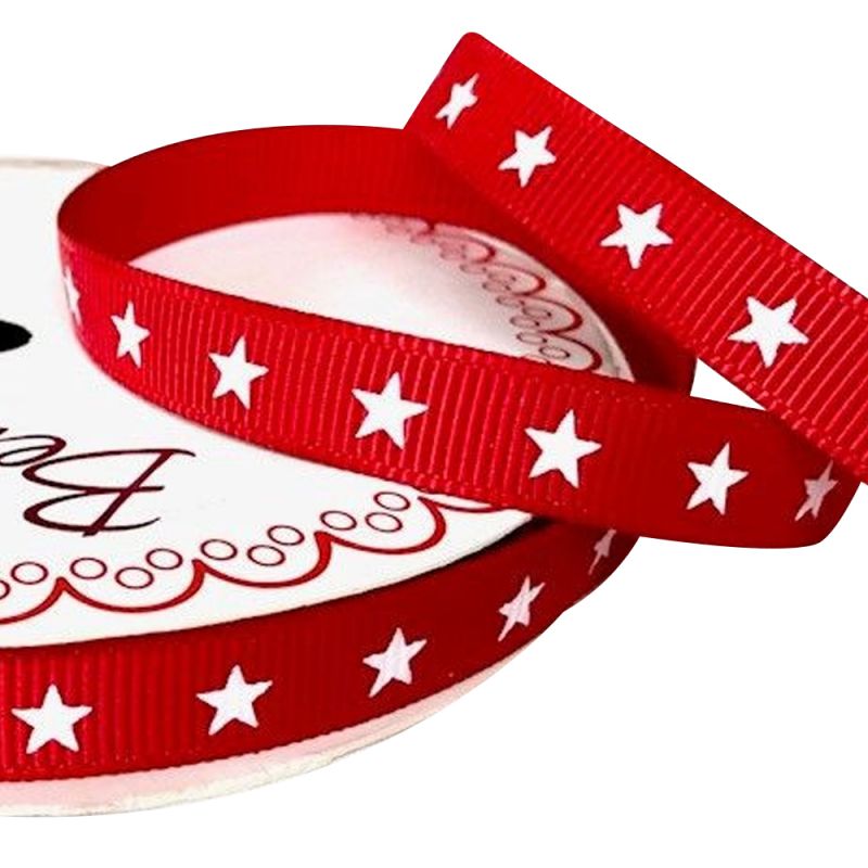 White Star Print on 9mm Red Grosgrain Ribbon x 25mtr