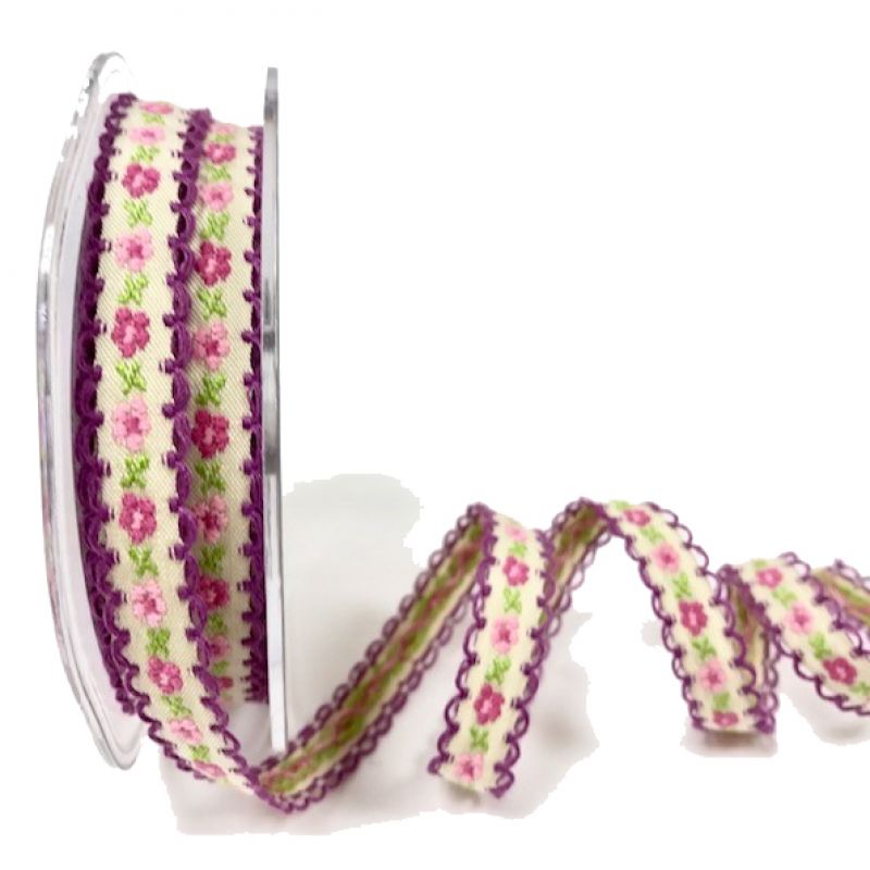 Ivory/Plum 12mm  flowers ribbon x 10mtr