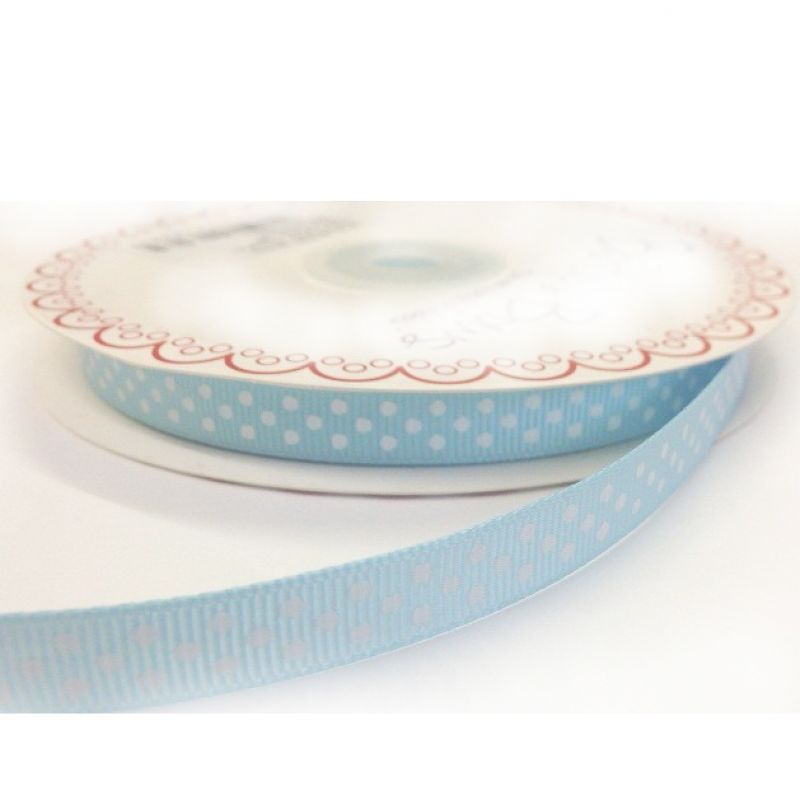 25 meter Light blue 9mm  Ribbon With White Polka Dot