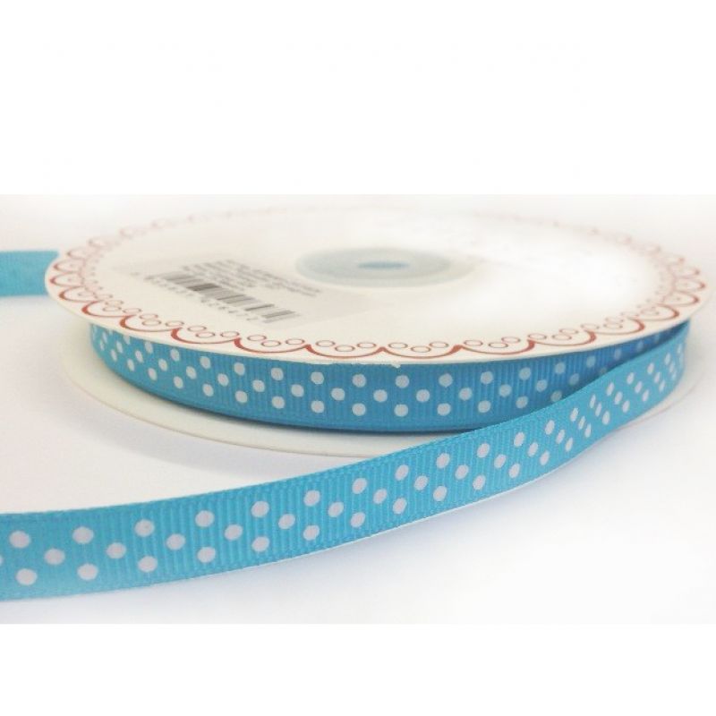25 meter Turquoise 9mm Ribbon With White Polka Dot