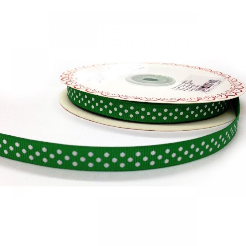 25 meter Emerald 9mm Ribbon With White Polka Dot