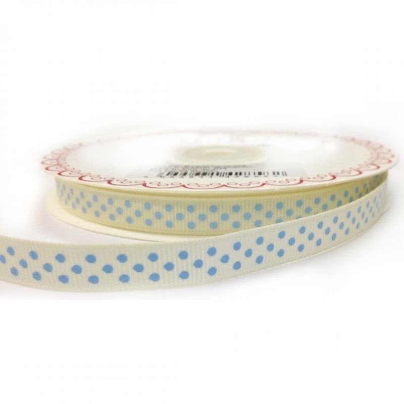 25 meter Ivory 9mm Ribbon With Pale Blue Polka Dot