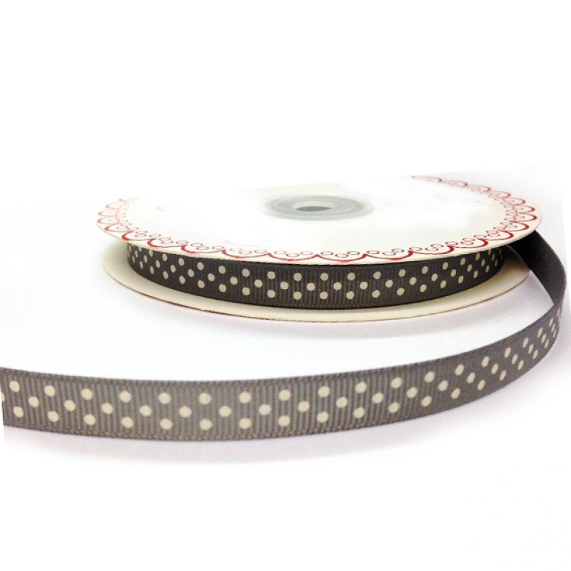 25 meter Silver Grey 9mm Ribbon With Ivory Polka Dot