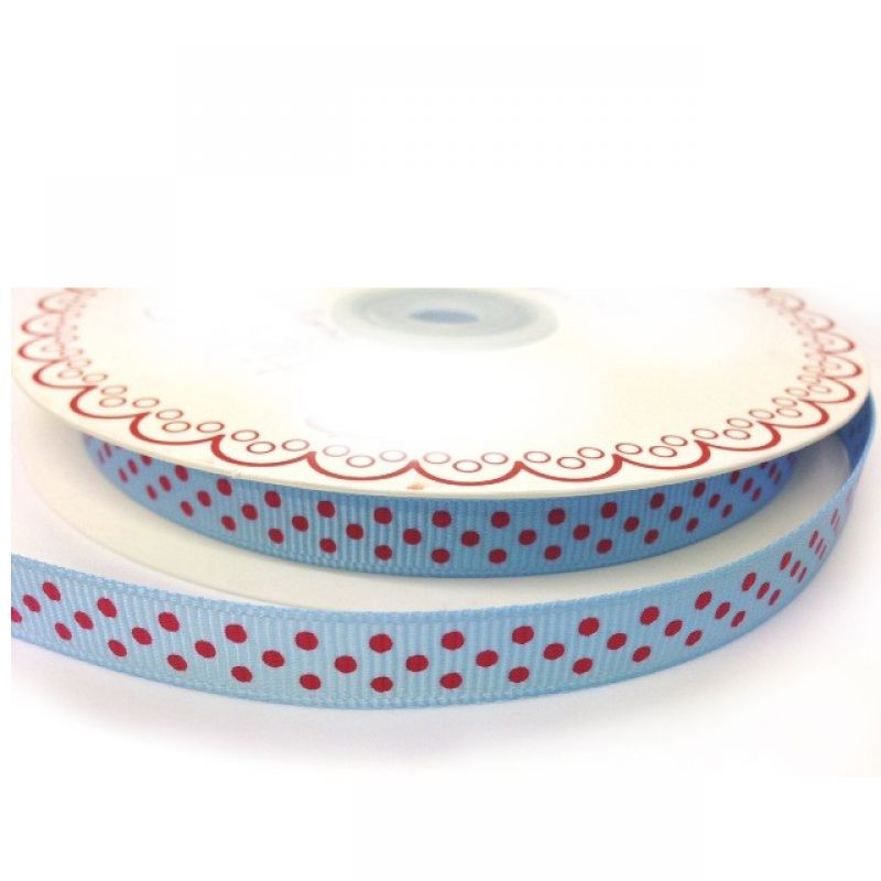 25 meter Pale Blue9mm Ribbon With Red  Polka Dot