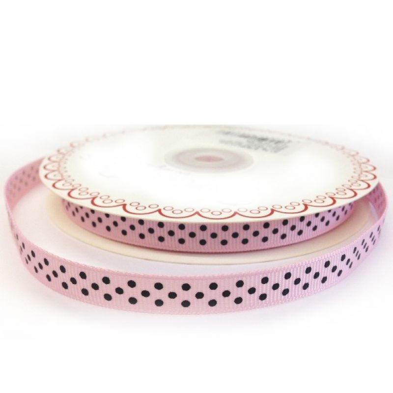25 meter Pale Pink 9mm Ribbon With Black Polka Dot