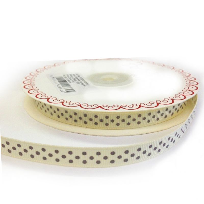 25 meter Ivory 9mm Ribbon With Grey Polka Dot