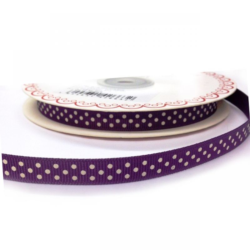 25 meter Amethyst 9mm Ribbon With Ivory Polka Dot