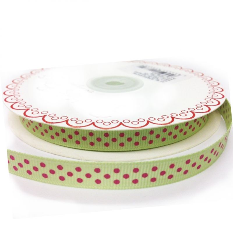 25 meter Lime 9mm Ribbon With Pink Polka Dot