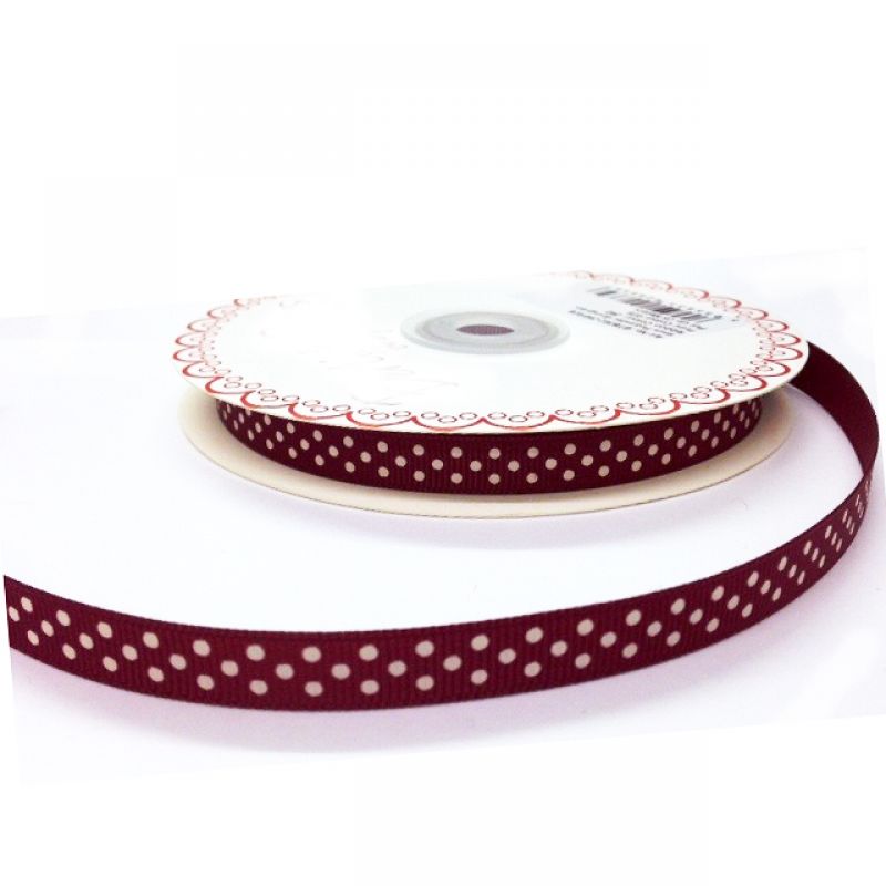 25 meter Cranberry 9mm Ribbon With Ivory Polka Dot