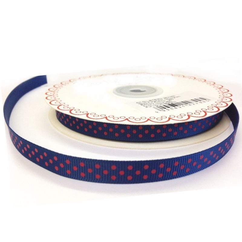 25 meter Navy 9mm Ribbon With Red Polka Dot