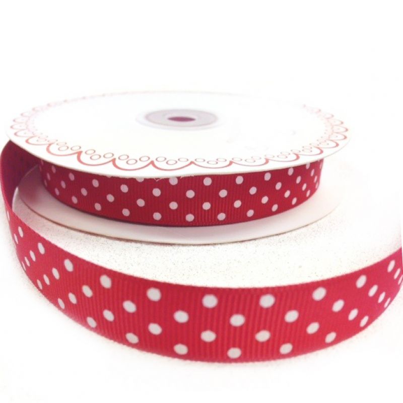 25 meter Red/White polka dot 16mm grosgrain