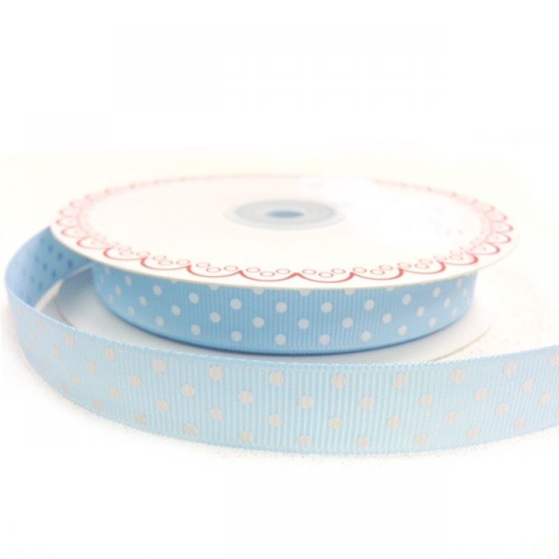 25 meter Light blue/White polka dot 16mm grosgrain